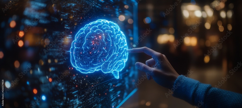 Poster exploring the digital mind a person interacts with a 3d holographic brain on a futuristic interface