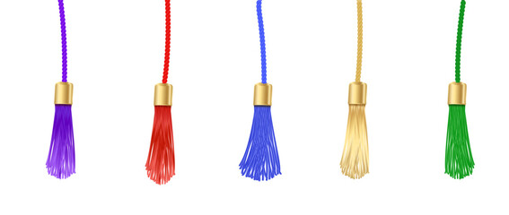 Tassel. Vector fringe or handbag accessory, graduate hat isolated on white background. Multicolor 3d rope with tassel, hanging window curtain decoration element design