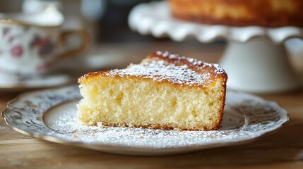   Close-up of a slice of cake on a plate, set against a backdrop of a table with a cup and saucer nearby