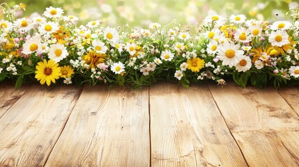 Fototapeta premium Spring flowers border on wooden planks, garden background, nature product display