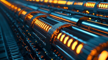 A futuristic, industrial scene featuring illuminated pipes and machinery with a metallic finish, showcasing intricate details and vibrant orange lights.