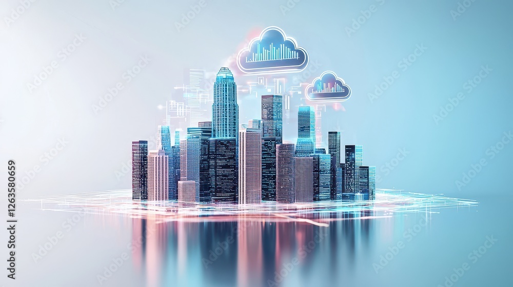 Poster futuristic urban landscape with digital cloud technology and data visualization elements representin