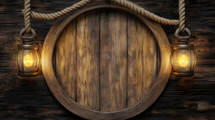 Fototapeta premium Wooden round frame with lanterns and rope on rustic wooden background
