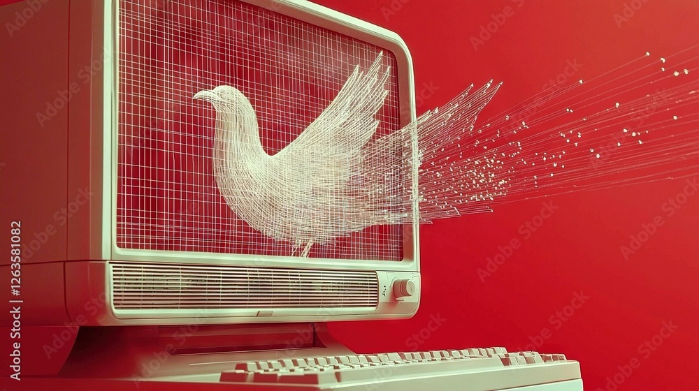 Aufkleber a white bird perched atop a computer monitor, adjacent to a red-backed keyboard and display