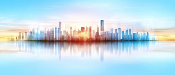 Fototapeta premium Vibrant city skyline at sunset with reflection on water showcasing modern architecture and urban landscape