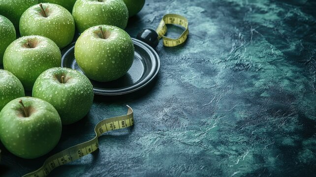 Fresh green apples are arranged neatly on a dark surface alongside a measuring tape, highlighting healthy eating choices and fitness goals - Powered by Adobe