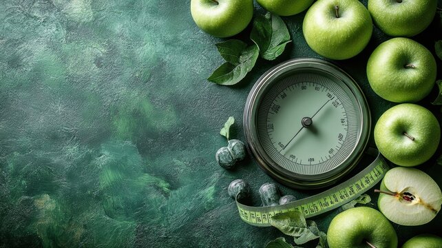 Bright green apples surround a kitchen scale and measuring tape on a textured surface, suggesting preparation for a healthy dish or weighing fresh produce for a recipe