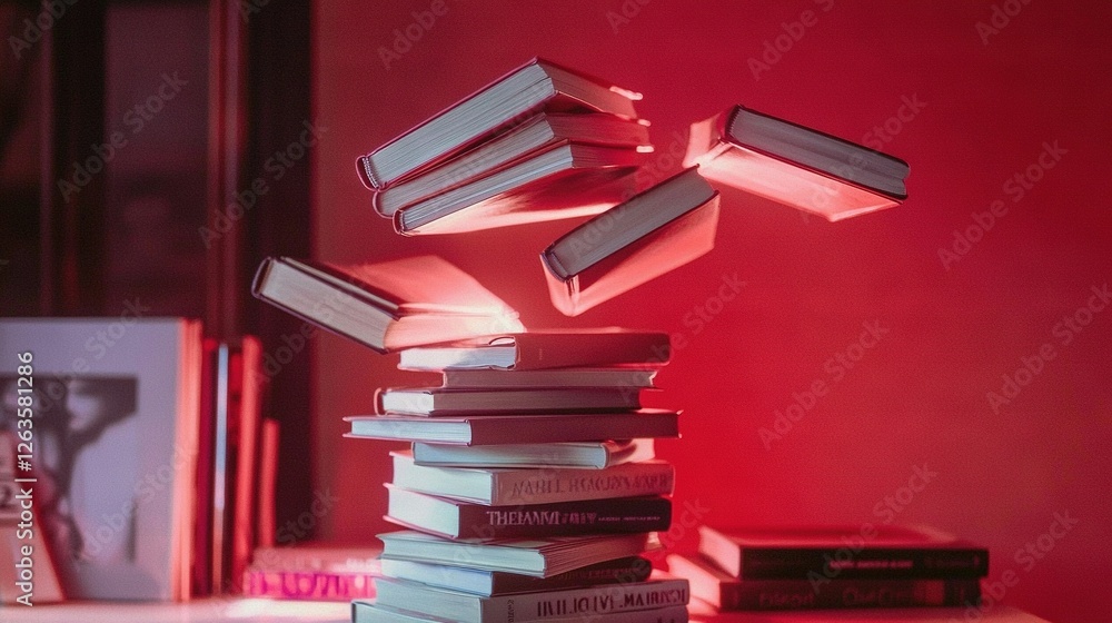 Poster a stack of books balanced on a table, illuminated by a red lamp beside it