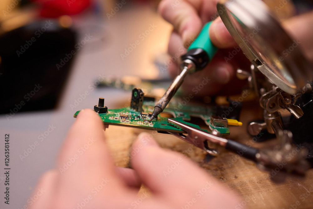 Poster hands carefully repairing a circuit board with a soldering tool for electronics projects