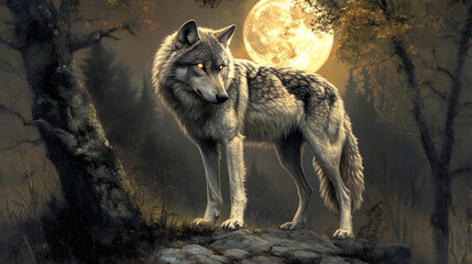 Fototapeta premium A majestic wolf with glowing eyes stands on the edge of an ancient forest 