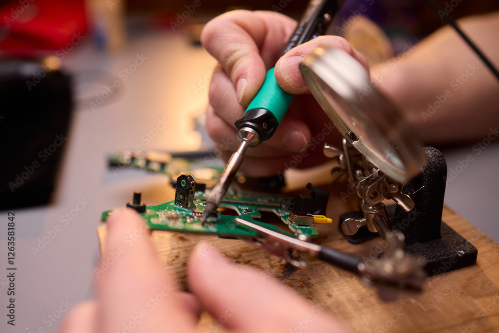 Poster hands carefully repairing a circuit board with a soldering tool for electronics projects