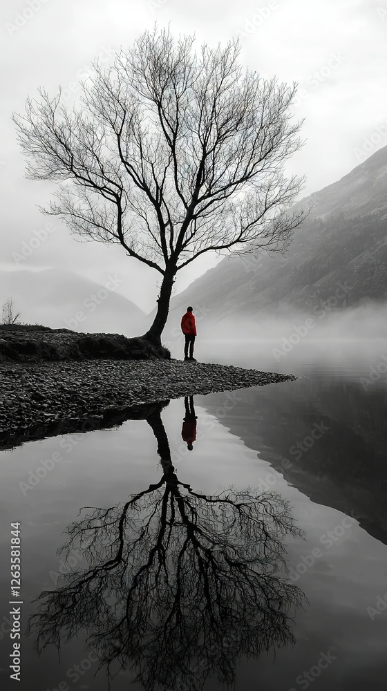 Poster a monochrome image of an individual posing before a tree mirrored in a waterway