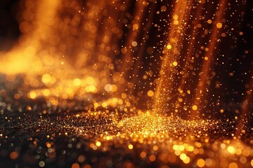 Obraz premium close-up shot of golden sparkles cascading down like magic in the air, creating a mesmerizing 3D glowing dust trail. Perfect for a festive themed photoshoot for events like birthdays