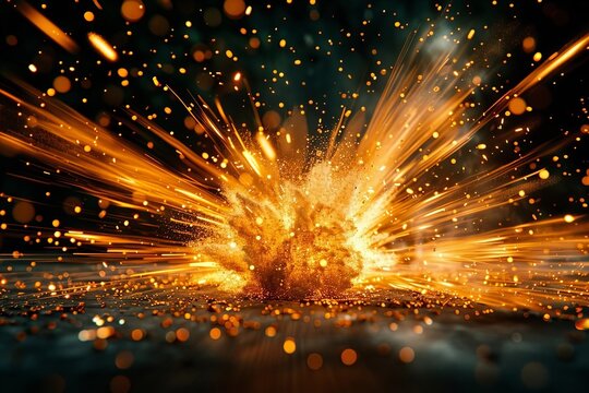close-up shot of a 4k gold particles explosion with motion background and shockwave burst, isolated on black with animated overlay at 2160p and 60 fps.