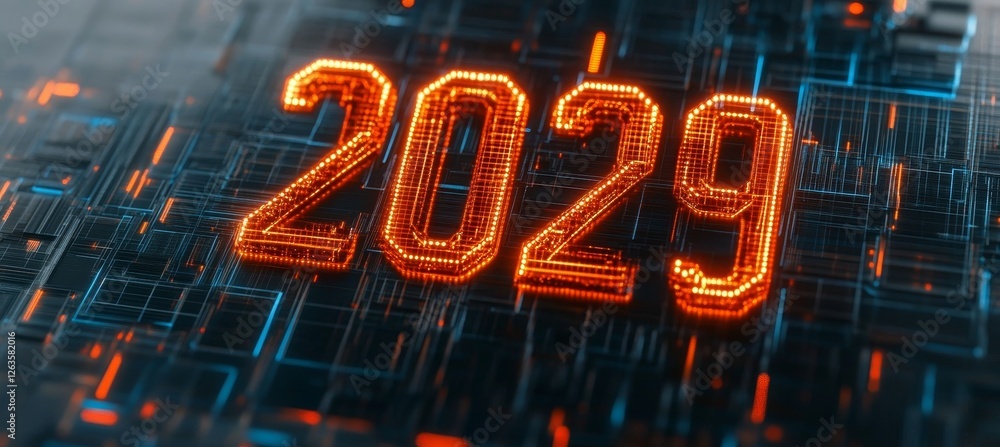 Poster glowing digital number 2029 on an abstract futuristic background with neon light, 3d render