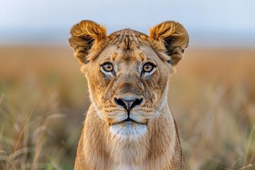 Obraz premium Majestic close-up shot of a lion with its piercing eyes staring directly into the camera, showcasing its raw power and beauty. Shot on location in the African savannah during golden hour