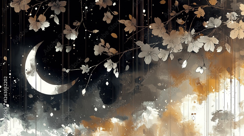 Poster a tree with a half-moon dangling from its limbs stands before a cloudy backdrop, as depicted in this