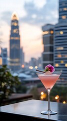Pink cocktail sunset city rooftop bar