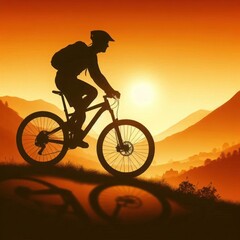 Obraz premium Cyclist in the mountains with sunset in the background.