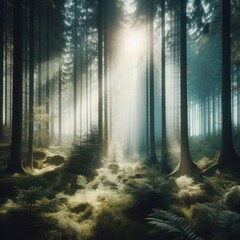 Obraz premium Magical sunlight in the depths of the forest.