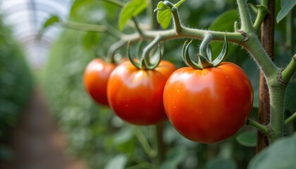Ripe red tomatoes growing on a vine in a greenhouse