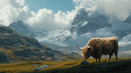 Highland Cow in Majestic Snowy Mountain Landscape