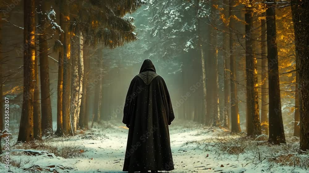 Poster mysterious figure in a cloak walks through a snow-covered forest with soft light filtering through t
