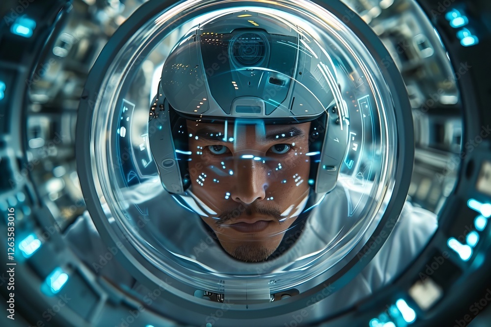 Poster futuristic photoshoot featuring an ai specialist immersed in a virtual reality data hub, surrounded 