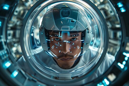 futuristic photoshoot featuring an AI specialist immersed in a virtual reality data hub, surrounded by cloud-enabled machine learning and cybersecurity technologies