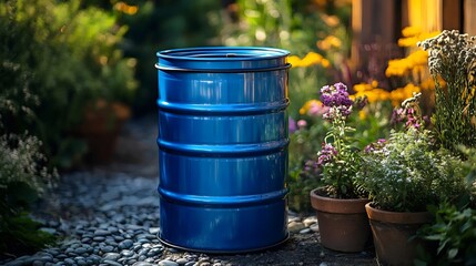 Naklejka premium A blue barrel sits on a gravel path next to a row of potted plants