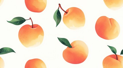   A close-up of peaches on a white background surrounded by green leaves and a light blue sky