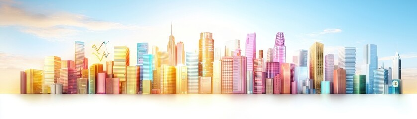Obraz premium Colorful Skyline at Sunrise with Modern Buildings and a Bright Horizon Behind a Cityscape in Soft Light