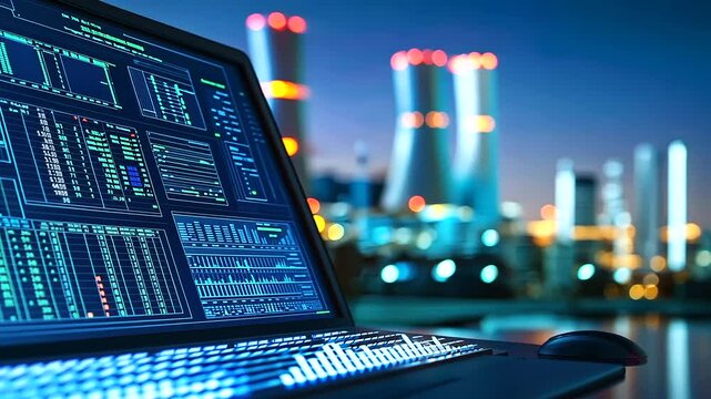 A nuclear power plant control system, displaying complex radiation monitoring charts and energy output data, as cooling towers are visible in the distance.