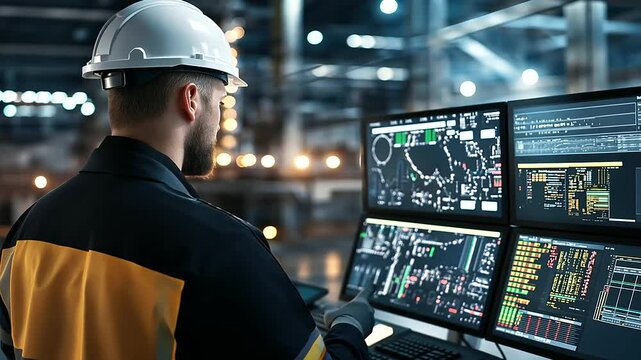 A modern oil refinery control room, with engineers reviewing live refinery pressure readings and safety alerts on an array of glowing digital monitors.