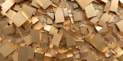 Golden blocks scattered, circuit background, abstract tech texture, website design