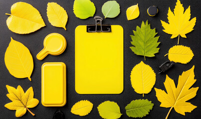 Vibrant Yellow Stationery and Leaves Arrangement on Black Surface for Creative and Nature-Inspired Designs and Backgrounds
