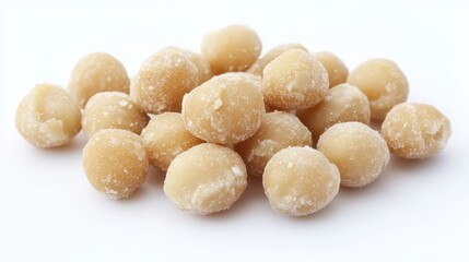 Fototapeta premium Unshelled Macadamia Nuts on White Surface - Healthy Natural Snack Isolated for Food Lovers