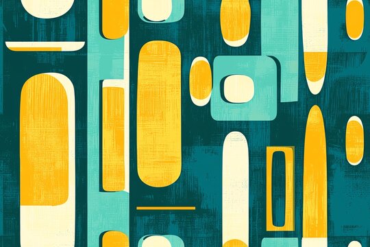 1955s style pattern, googie architecture inspired shapes, chrome yellow and teal, space age design, retro futuristic pattern