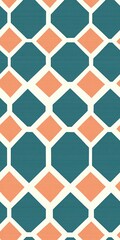 Fototapeta premium 1955s style pattern, retro diamond grid, vintage fabric design, teal and coral, atomic age geometric shapes