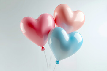 Three heart shaped balloons in pink, blue and white