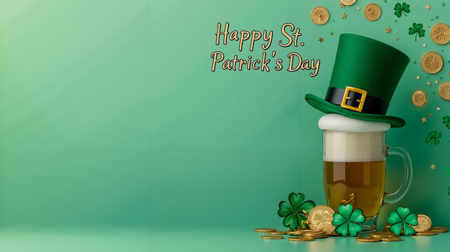 A glass of beer with a green hat and shamrocks on a green background