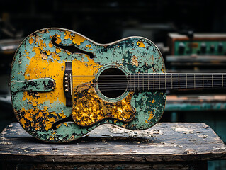 Vintage acoustic guitar with distressed teal and gold paint, resting on a rustic wooden surface.  Evokes nostalgia, musical history, and the passage of time.