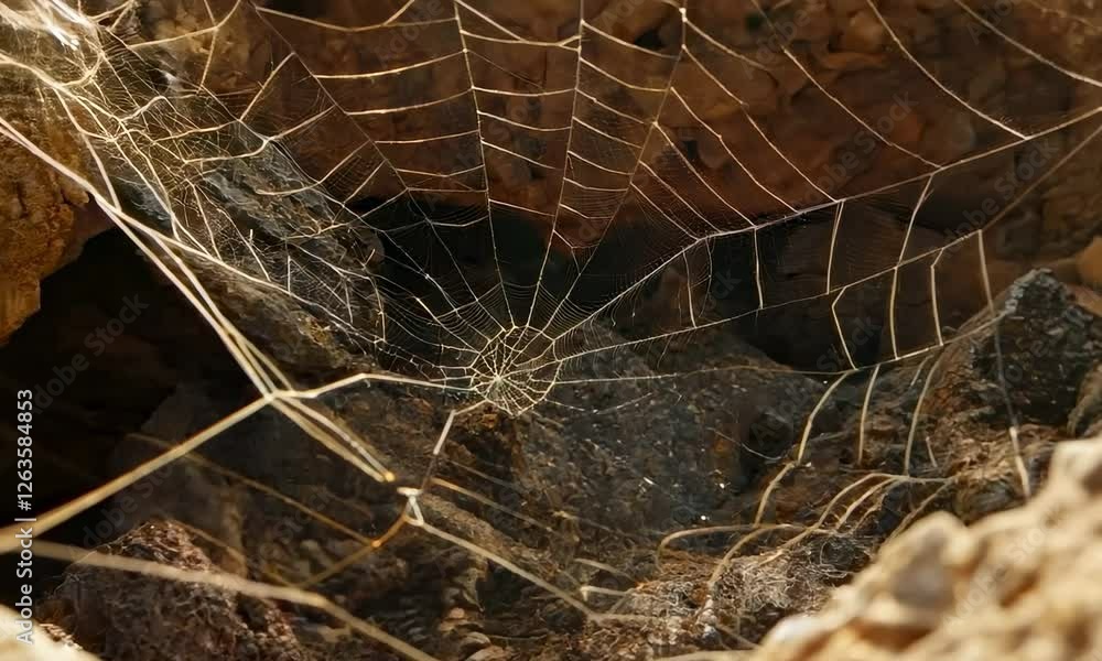 Poster detailed close-up of a spider web intricately woven on a rock surface, with visible threads and patt