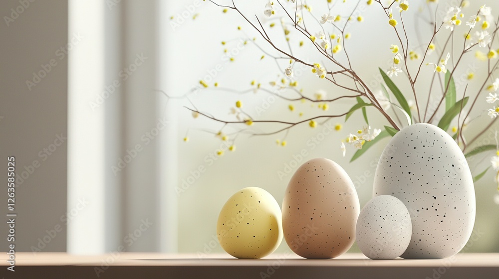 Poster three eggs nestled beside each other in front of a vase with a tree branch in its center