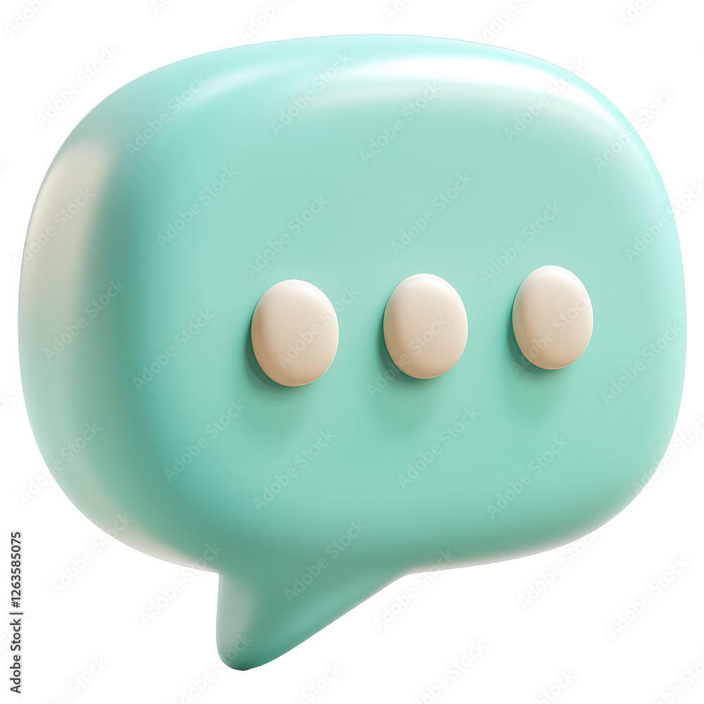 Poster 3d render of a turquoise speech bubble with three dots on transparent background
