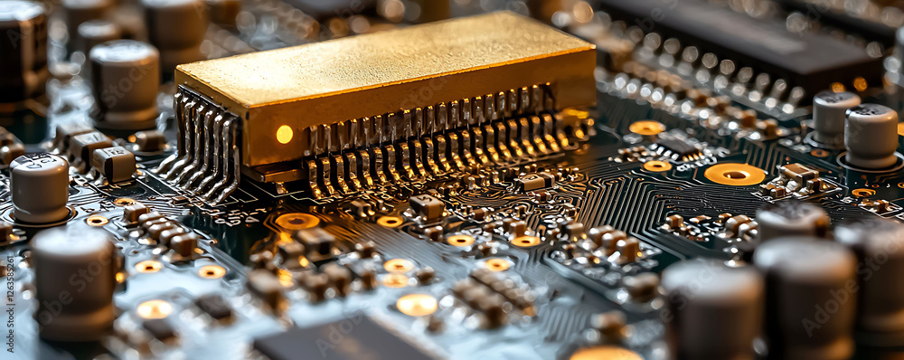 Poster closeup of intricate circuit board, showcasing technological complexity. gold connector stands out, 