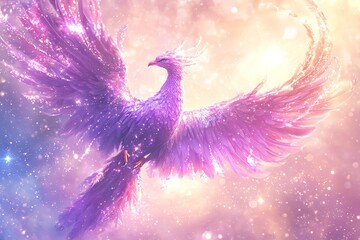 Magical pastel phoenix with celestial-themed accessories, glittery sticker collection with galaxy elements, cosmic dust, constellation details, nebula swirls