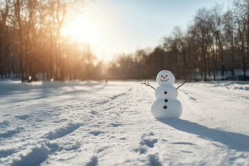 Fototapeta premium Snowman stands proudly in a snowy park during golden hour sunlight illuminating the winter landscape