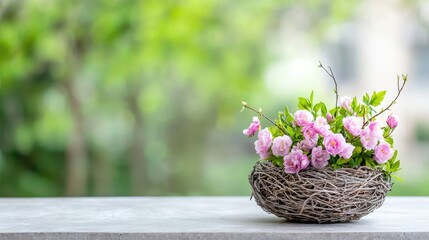 Pink flowers in bird nest, spring garden background, nature postcard