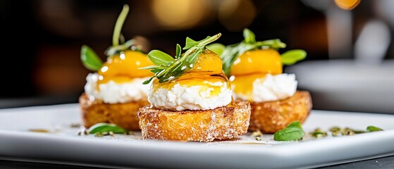 Gourmet ricotta crostini, yellow topping, restaurant